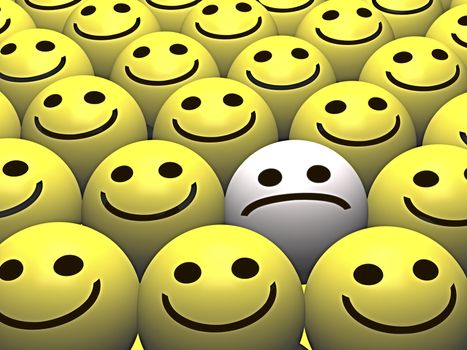 A sad smiley stands out from the crowd of happy smileys