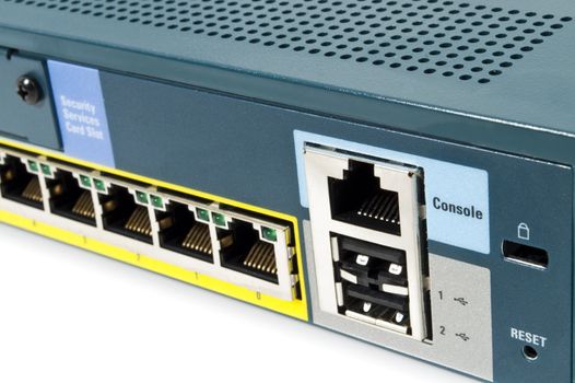 LAN port of a Ethernet firewall with console port, reset and USB