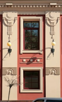 Moscow, Russia, architecture, facade of the building in modernist style, vintage