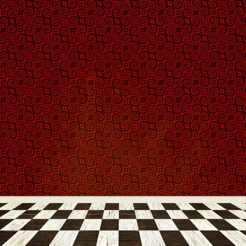 A fantasy room interior backdrop with checkered flooring and a vintage styled wallpaper pattern.