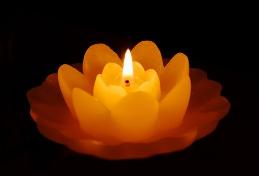 three orange burning flower shape candles on dark background