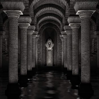 3D rendered fantasy religious underground sanctuary illustration