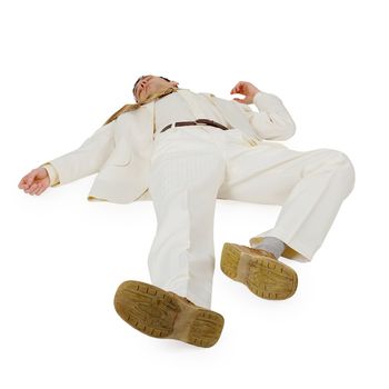 Defeated Businessman lying on a white background