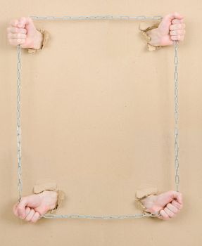 Original framework of hands, cardboard and chain