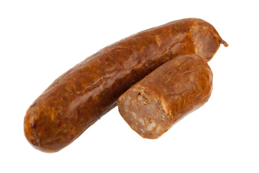 two pieces of North American (Mexican) cooked chorizo sausage isolated on white