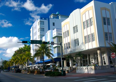 Ocean Drive and 7th Street corner in South Beach in Miami, Ocean Drive is a tourist attracion in Miami.