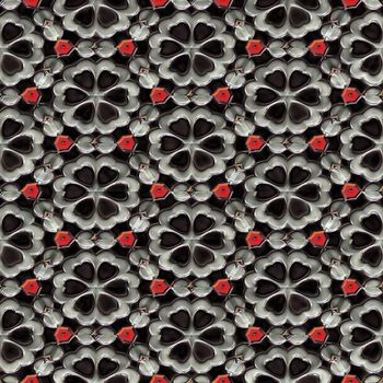 seamless texture of shiny silver and little red flowers on black