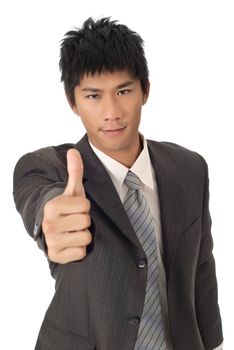 Thumbs up holding by young businessman on white background.