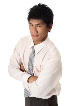 Smart young business man of Asian, closeup portrait on white background.