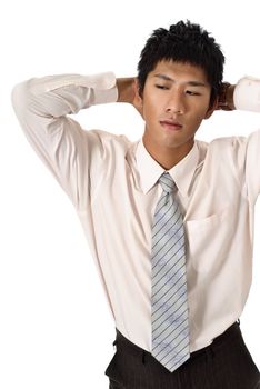 Young businessman put hands on head, closeup portrait on white background.