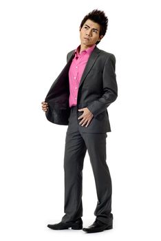 Modern business man standing, full length portrait isolated on white background.