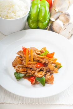 typical chinese dish,fresh beef stir fried with pepperrs bamboo sprout and mushrooms