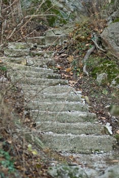 a aged old beton stairway leading up a mountain very steep