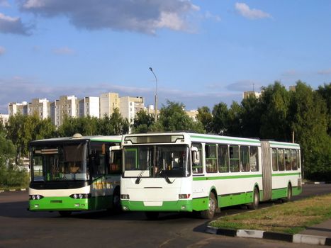 Two passenger buses on a background of blue sky