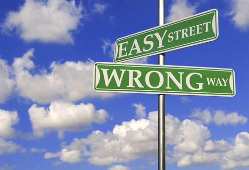 Street Signs With Easy Street and Wrong Way Motivational Concept