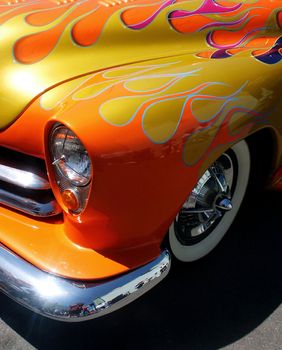 Hotrod 50s orange American car with flames