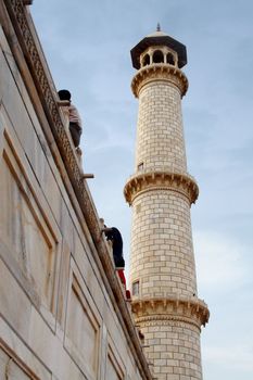 View of tower the Taj Mahal in Agra India