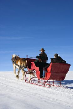 Mid adult man driving horse drawn sleigh with young couple in back.