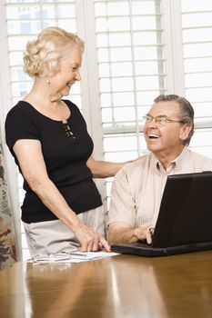 Mature Caucasian couple looking at laptop.