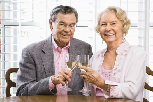 Mature Caucasian couple toasting wine glasses.