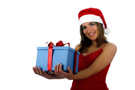 Beautiful santa girl woman with gifts
