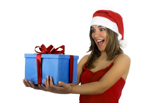 Beautiful santa girl woman with gifts
