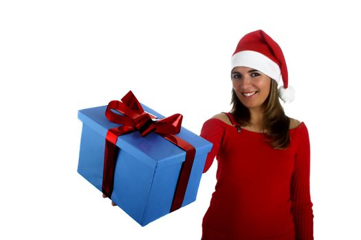 Beautiful santa girl woman with gifts
(Focus is on the Gift)
