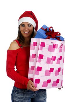 Beautiful santa girl woman with gifts
