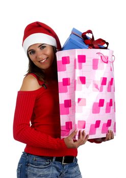 Beautiful santa girl woman with gifts
