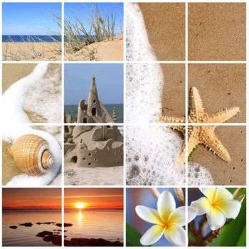 Collage of summer beach images.  Dreaming of vacation in the sun - sand, starfish, seashells, sandcastle, sunset, and glorious frangipani tropical flowers.  XL file.