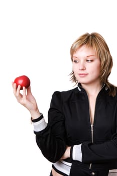 girl with red apple isolated