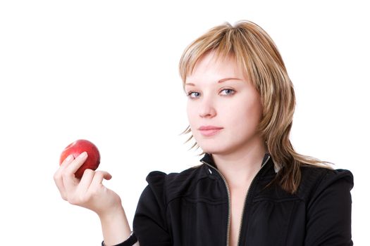 girl with red apple isolated