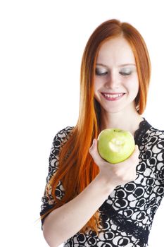 green tasty apple in hands of the girl
