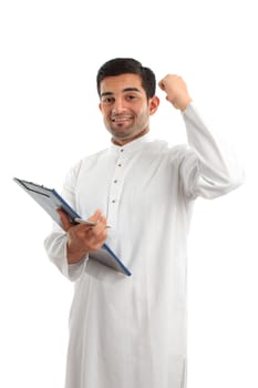 A middle eastern mixed r4ace businessman with clipboard folder and hand raised in success or victory.  White background.