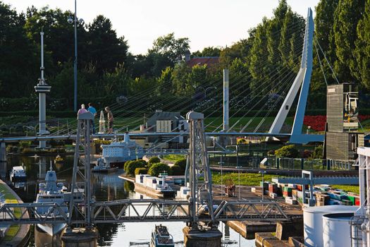 THE HAGUE, THE NETHERLANDS-JULI 2007: Madurodam, miniature city by evening light with architecture and typical Dutch scenes on a scale 1:25. Juli 22, 2007, The Hague, The Netherlands. 