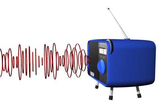 3d illustration of a blue retro radio with circle sound waves