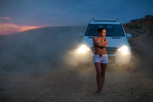 girl and car in the evening