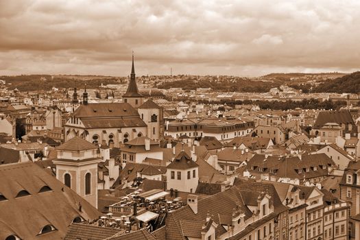Overcast sky above the roofs of old Prague