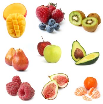 Collection of fresh fruits, isolated on white with soft shadows.