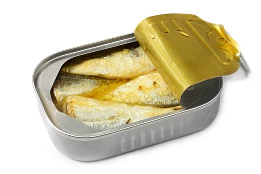 Open can of sardines, isolated on white with soft shadow.