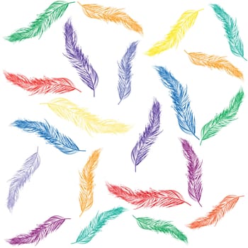 Colored feathers over white background