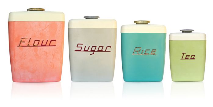 Retro 1950's kitchen storage canisters for flour, sugar, rice and tea.  