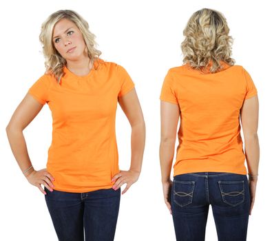 Young beautiful blond female with blank orange shirt, front and back. Ready for your design or logo.