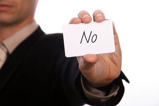 businessman with white card in studio