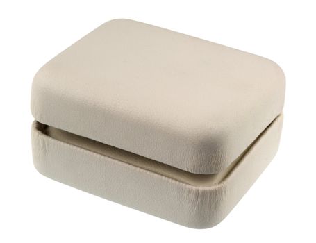 small jewelery or gift box covered with white, soft, textured leather, partially opened, isolated with clipping path