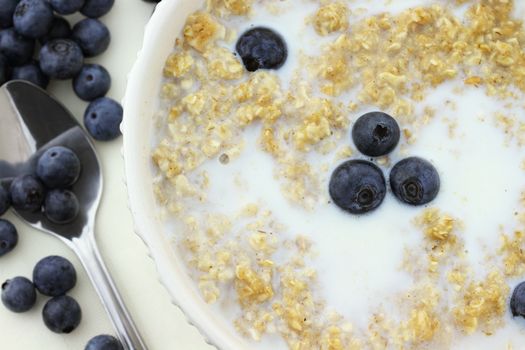 Hot oatmeal with cream and fresh blueberries. Shallow DOF.