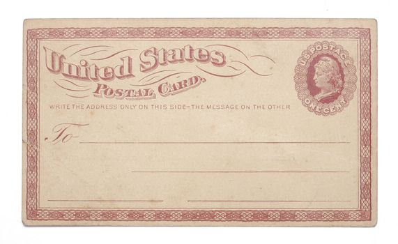 The front of a vintage United States postcard from early 1900s with a red border, the words "United States Postal Card", and space for address. Dirt and creases.