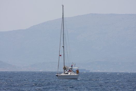 A sailing boat or yatch at sea off the coast of Cesme Turkey