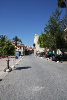 The main street in Cesme Turkey, clear sunny day