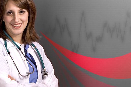 A young medical professional isolated over a cardiogram background with copyspace.
